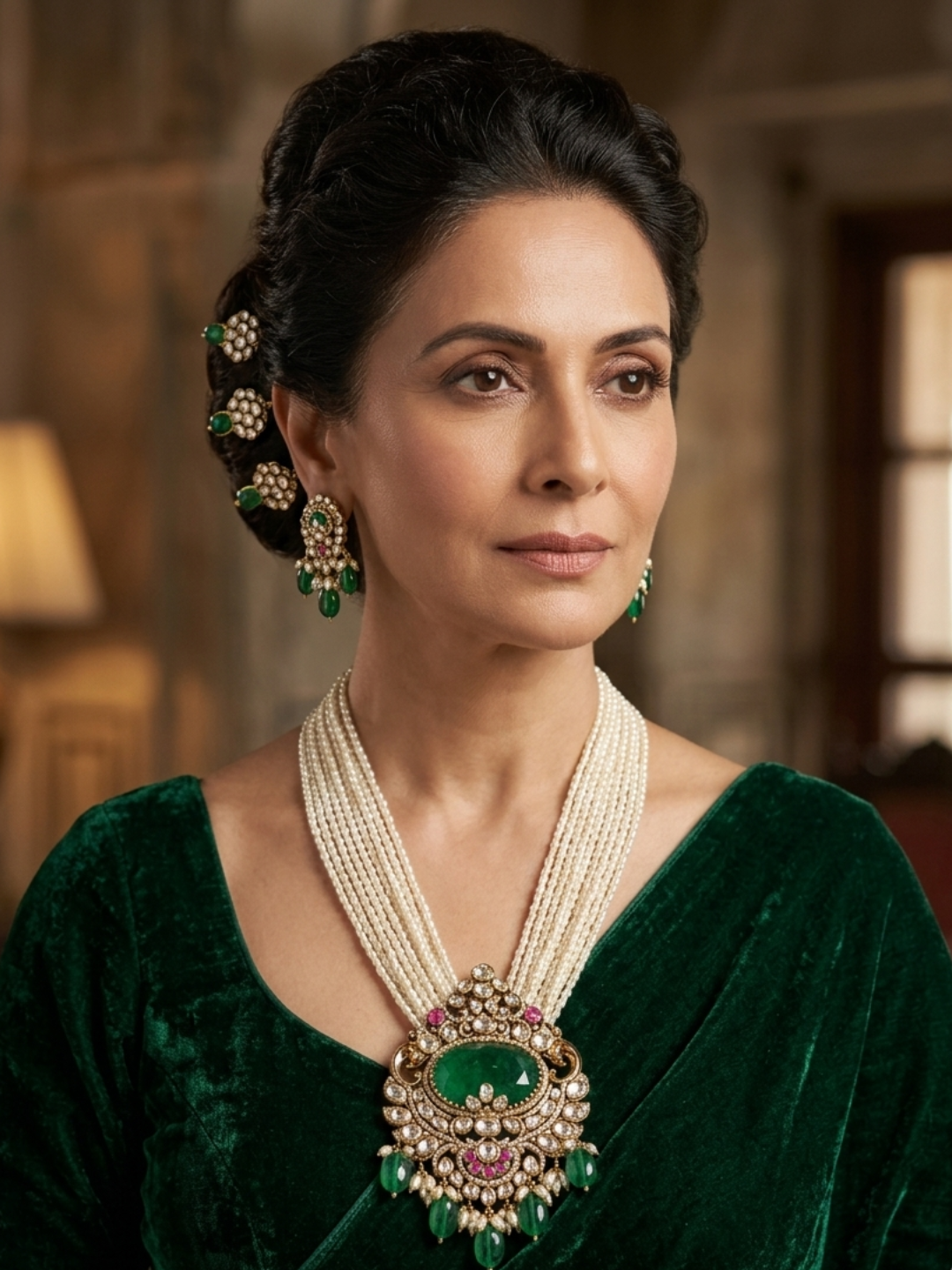 Royal Emerald Polki Pearl Necklace Set